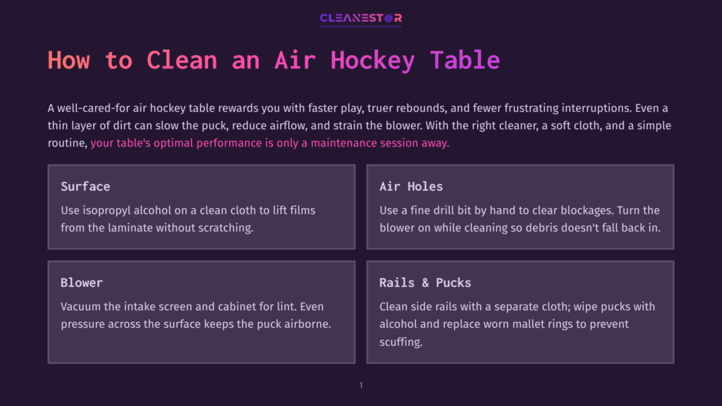 1 How To Clean An Air Hockey Table Infographic With Text: &Quot;How To Clean An Air Hockey Table&Quot; By Cleanestor. Sections Cover Surface, Air Holes, Blower, And Rails &Amp; Pucks, With Cleaning Tips.