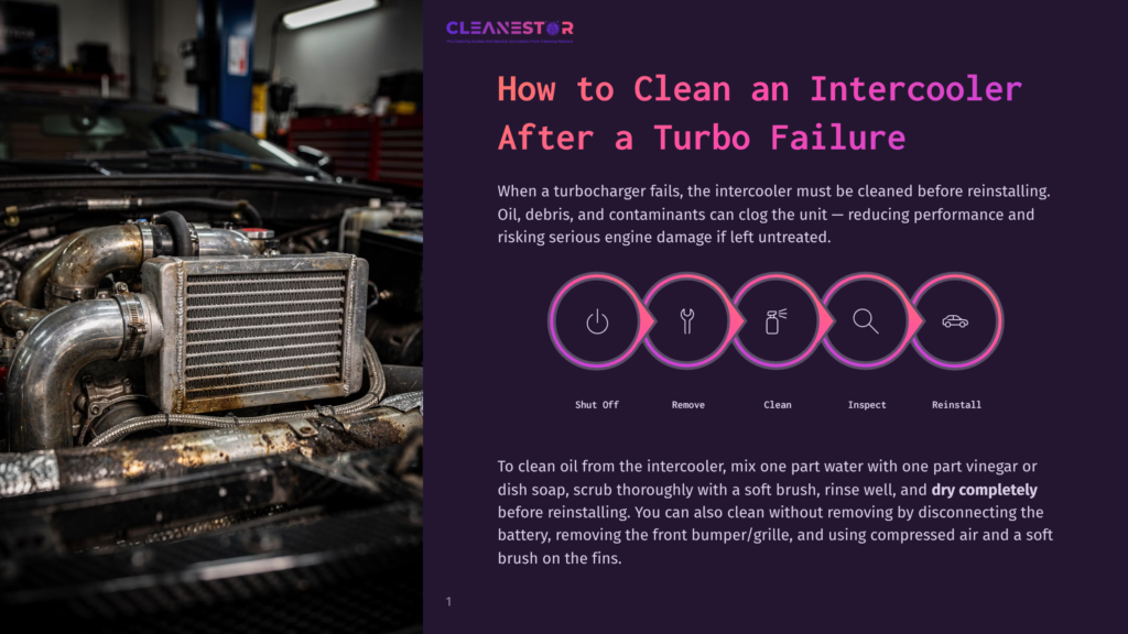 Close-Up Of A Dirty, Oily Intercooler With Exposed Pipes And Fins, Part Of A Car'S Engine Bay, With The Text &Quot;Cleanestor How To Clean An Intercooler After A Turbo Failure&Quot; Visible.