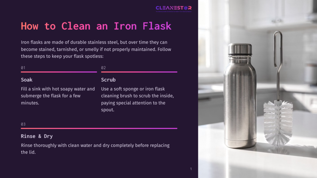 A Stainless Steel Water Flask Sits Next To A Cleaning Brush, With Instructions On How To Clean An Iron Flask Displayed On The Left.
