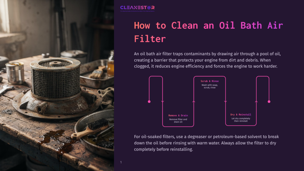 1 How To Clean An Oil Bath Air Filter Close-Up Of A Rusty, Old Oil Bath Air Filter And Cleaning Supplies On A Wooden Workbench, With A Bright Window In The Background. Cleanestor Logo Is Visible.