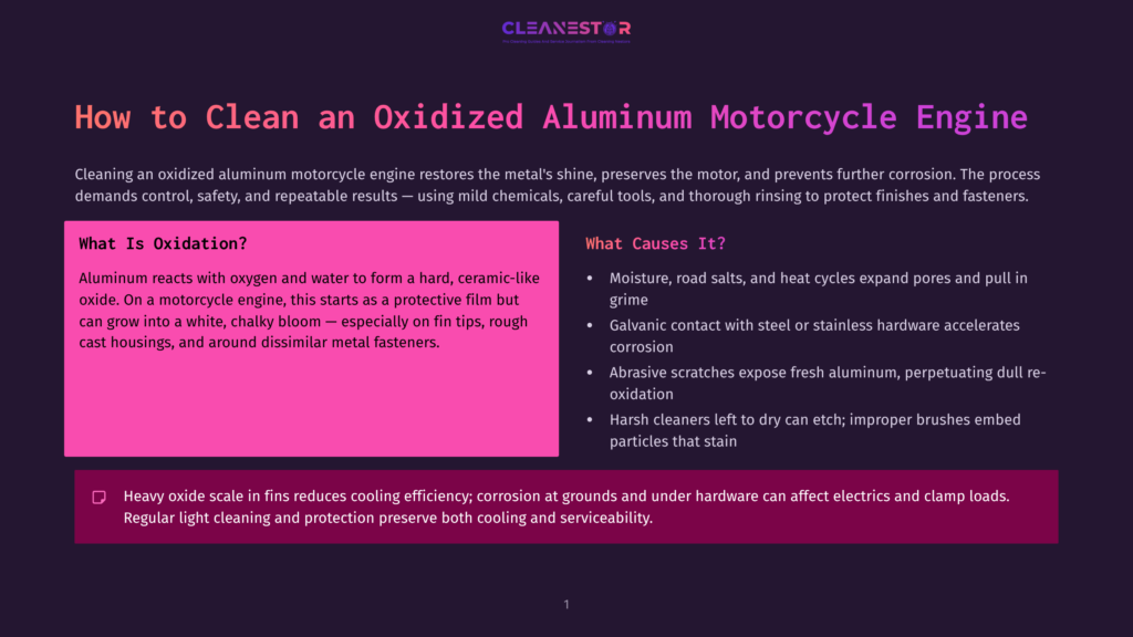 Graphic Outlining How To Clean An Oxidized Aluminum Motorcycle Engine. Explains What Oxidation Is And What Causes It, With Text And Bullet Points.