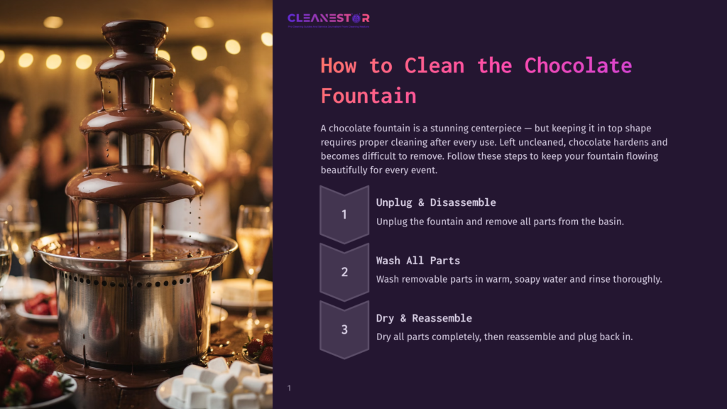 A Decadent Chocolate Fountain Flows With Rich, Dark Chocolate, Set At A Party With Bokeh Lights And Champagne Glasses In The Background. Text Overlay: &Quot;How To Clean The Chocolate Fountain.