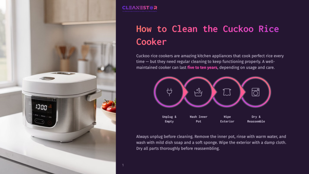 1 How To Clean The Cuckoo Rice Cooker Cleanestor Logo Above A White Cuckoo Rice Cooker With A Digital Display Showing &Quot;10:00&Quot;. The Rice Cooker Is On A Kitchen Counter Next To A Bowl Of Tomatoes.