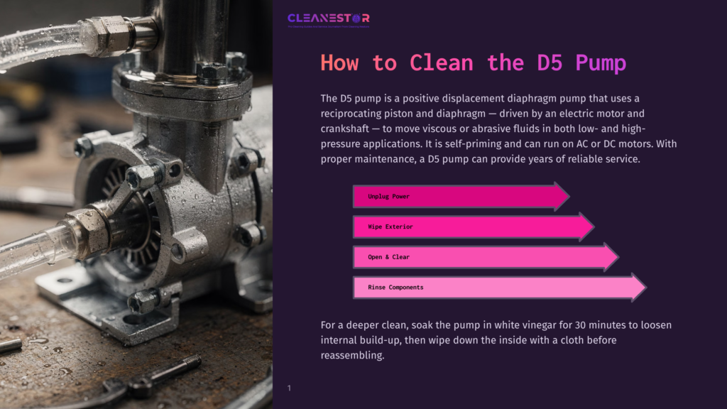 Close-Up Of A D5 Pump With Clear Hoses Attached, Showing Its Industrial Metal Construction. Text Overlay Reads &Quot;How To Clean The D5 Pump&Quot; With Cleaning Steps.