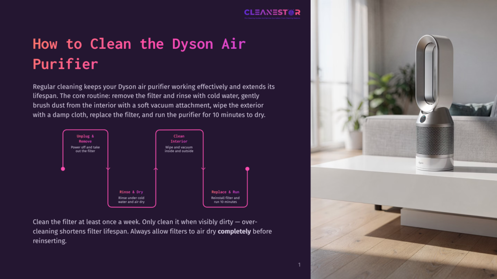 A Modern Dyson Air Purifier With A Sleek Silver Design Sits On A Windowsill, Bathed In Natural Light. Text Overlays Provide Instructions On How To Clean The Dyson Air Purifier.