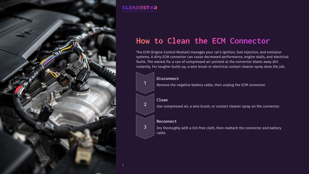 Close-Up Of A Car'S Engine With A Focus On The Ecm Connector And Wiring Harness, Alongside Text Explaining How To Clean The Ecm Connector.