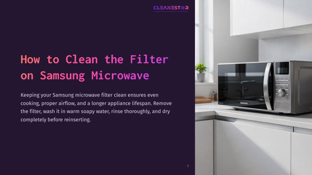 A Modern Silver Samsung Microwave Oven Sits On A Clean White Kitchen Countertop, With Text Overlay &Quot;How To Clean The Filter On Samsung Microwave&Quot; On A Dark Purple Background.