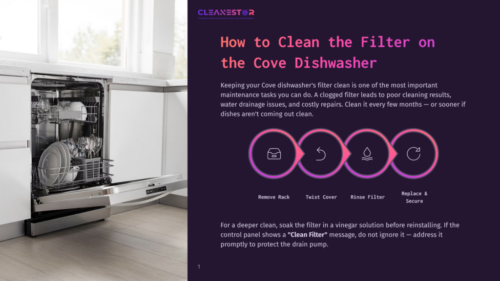 A Modern, Open Dishwasher With Dishes Inside, Next To A Kitchen Counter. The Text &Quot;Cleanestor&Quot; And &Quot;How To Clean The Filter On The Cove Dishwasher&Quot; Is Visible.