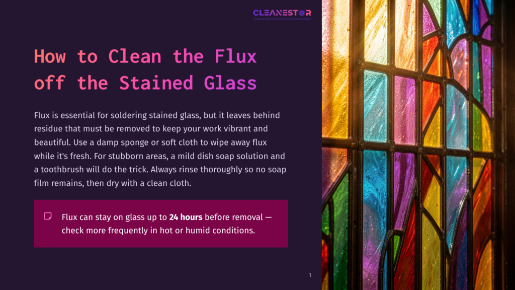 Close-Up Of A Vibrant Stained Glass Window, With Light Streaming Through The Colorful Panes, Casting A Warm Glow. Text Overlay: &Quot;Cleanestor How To Clean The Flux Off The Stained Glass&Quot;.