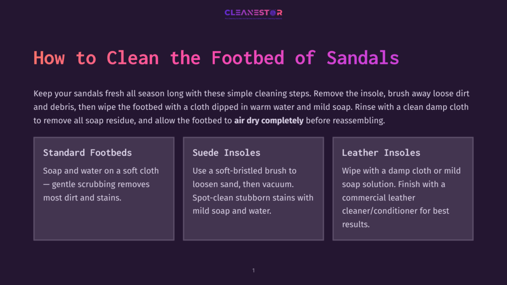 Infographic Titled &Quot;How To Clean The Footbed Of Sandals&Quot; With Three Sections: Standard Footbeds, Suede Insoles, And Leather Insoles, Offering Cleaning Advice.