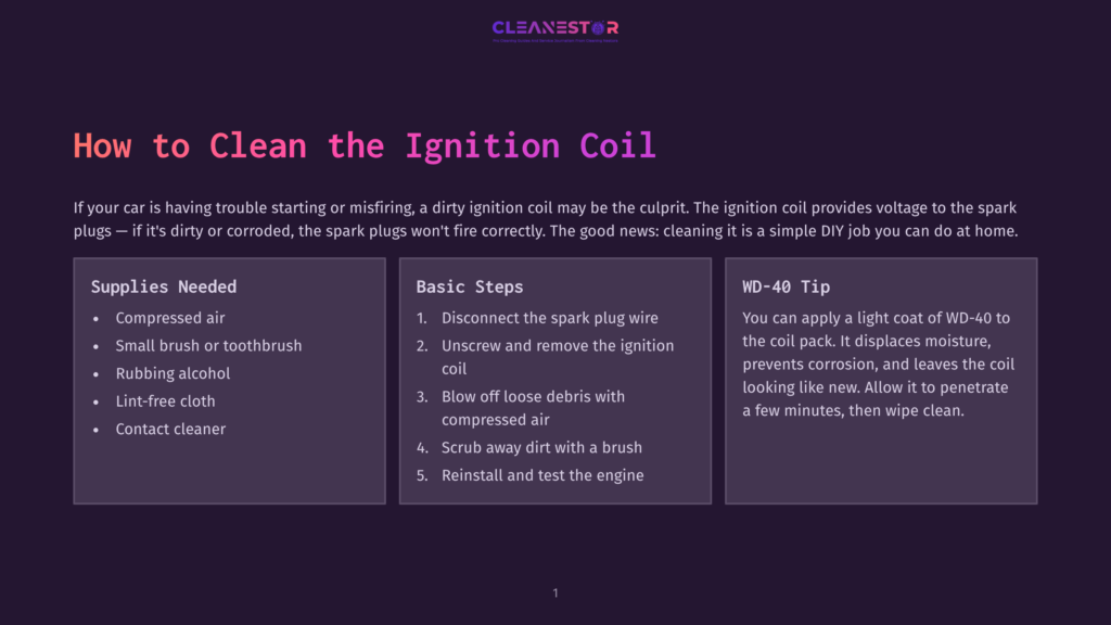 Cleanestor Graphic With The Title &Quot;How To Clean The Ignition Coil&Quot; In Large Purple Text. Below Are Sections For &Quot;Supplies Needed,&Quot; &Quot;Basic Steps,&Quot; And A &Quot;Wd-40 Tip&Quot; On Cleaning Car Ignition Coils.