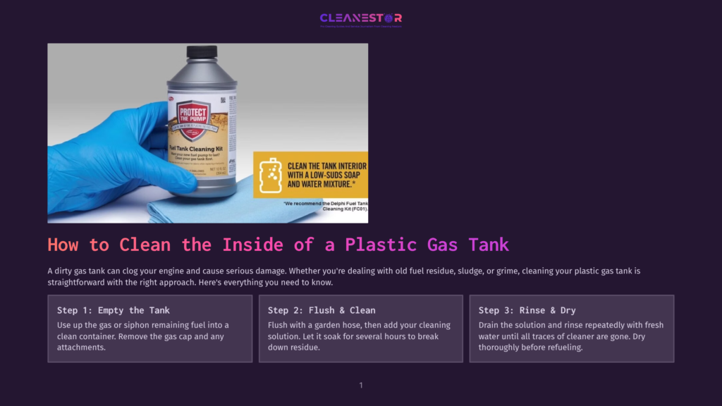 A Gloved Hand Holds A Bottle Of &Quot;Protect The Pump&Quot; Fuel Tank Cleaning Kit, With Instructions On Cleaning A Plastic Gas Tank Displayed In The Background.