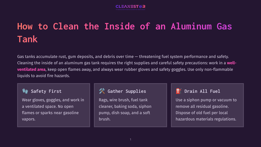 Illustration Detailing How To Clean An Aluminum Gas Tank: &Quot;Safety First&Quot; With Gloves And Goggles, &Quot;Gather Supplies&Quot; With Cleaning Tools, And &Quot;Drain All Fuel&Quot; With A Siphon Pump. Text Reads &Quot;How To Clean The Inside Of An Aluminum Gas Tank.