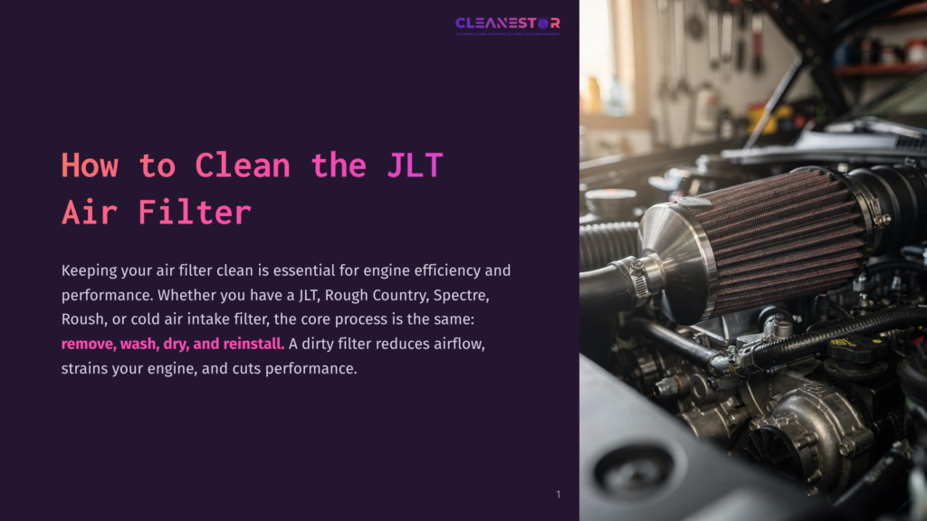 1 How To Clean The Jlt Air Filter Close-Up Of A Performance Jlt Air Intake Filter With A Red Filter Element, Installed In A Car Engine Bay. The Image Highlights The Filter'S Connection To The Engine'S Throttle Body.