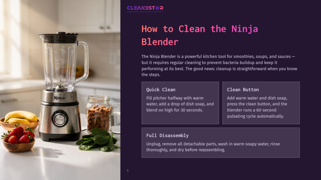Ninja Blender On A Kitchen Counter Next To Fresh Strawberries, Spinach, And Almonds. Text Overlay Reads &Quot;How To Clean The Ninja Blender&Quot;.