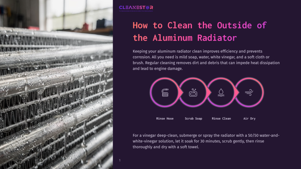 Close-Up Of A Clean Aluminum Radiator With Water Droplets On Its Fins, Suggesting A Recent Cleaning. The Text &Quot;Cleanestor&Quot; Is Visible At The Top Left.