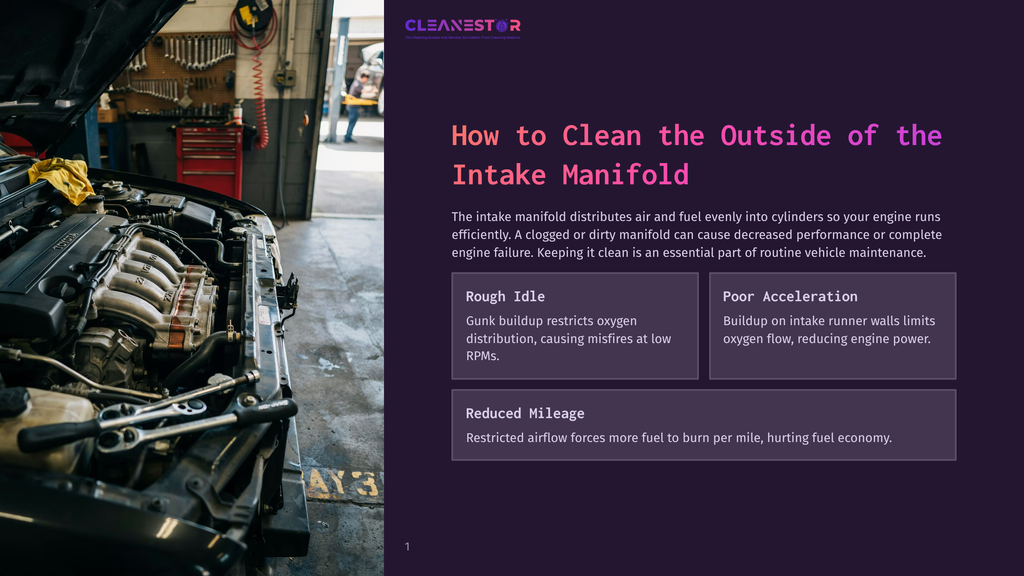 1 How To Clean The Outside Of The Intake Manifold Close-Up Of A Car Engine Bay With The Intake Manifold Visible, Tools Laid Out On The Engine Cover, And A Garage Setting In The Background. The Text &Quot;Cleanestor&Quot; Is Visible On A Logo.
