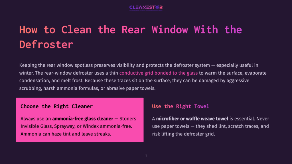 Title Card For &Quot;How To Clean The Rear Window With The Defroster&Quot; With Text Overlay And A Dark Purple Background.