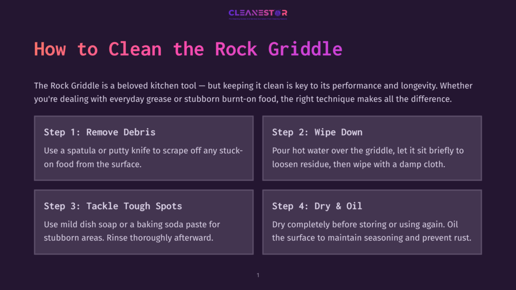 Infographic Titled &Quot;How To Clean The Rock Griddle&Quot; With Four Steps: Remove Debris, Wipe Down, Tackle Tough Spots, And Dry &Amp; Oil. The Steps Offer Cleaning Advice For The Griddle.