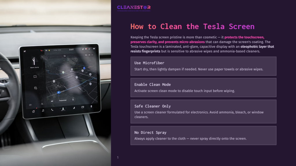 1 How To Clean The Tesla Screen Tesla Touchscreen Displaying Navigation, With Instructions On How To Clean The Screen Using Microfiber. The Text Reads: &Quot;How To Clean The Tesla Screen&Quot; And &Quot;Use Microfiber&Quot;.