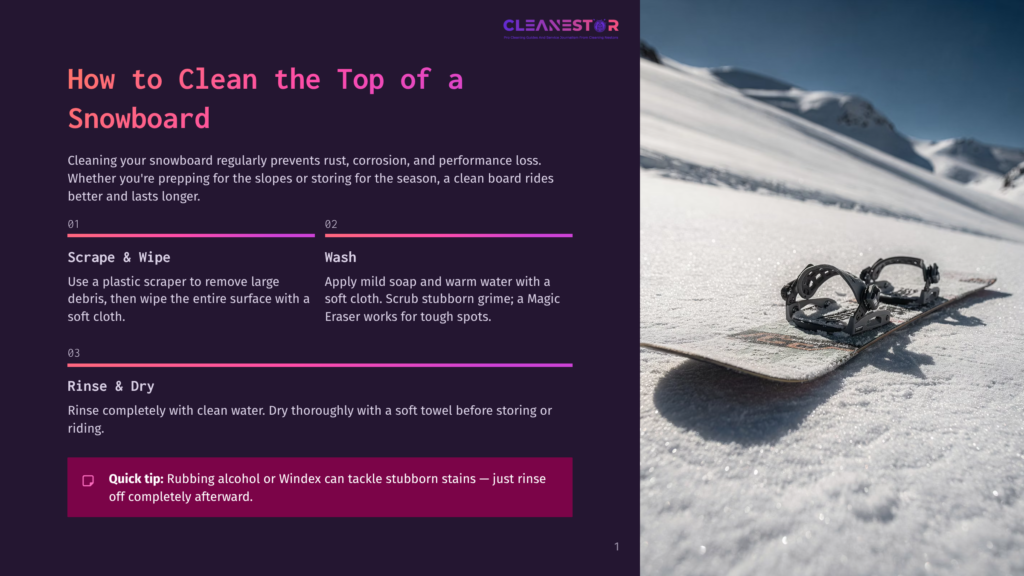 1 How To Clean The Top Of A Snowboard A Snowboard And Bindings Sit On A Snowy Slope, With Instructions On How To Clean A Snowboard Displayed On The Left.