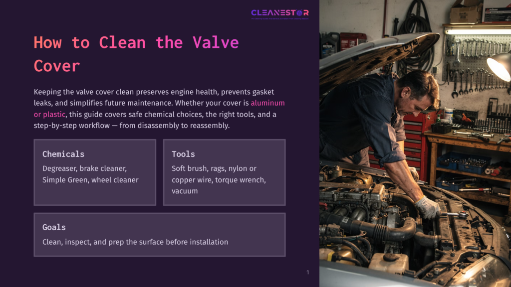 Mechanic Wearing Gloves Works On A Car Engine, With Tools And Car Parts Organized On Shelves In The Background. The Image Is Overlaid With Text: &Quot;Cleanestor&Quot; And &Quot;How To Clean The Valve Cover&Quot;.