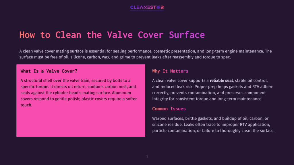 1 How To Clean The Valve Cover Surface A Dark Purple Background With The Title &Quot;How To Clean The Valve Cover Surface&Quot; In Large White Text. The Text &Quot;Cleanestor&Quot; Is In Smaller White Text At The Top. Two Boxes With Pink And White Backgrounds Contain Text About Valve Covers.