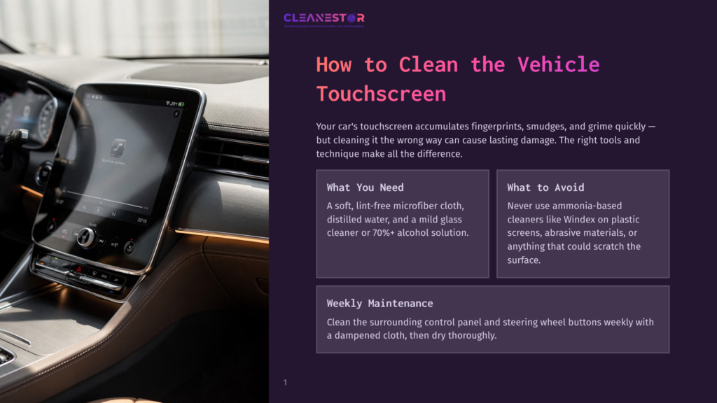Close-Up Of A Modern Car'S Touchscreen Infotainment System Displaying Music, With A Soft Microfiber Cloth And Cleaning Solution Nearby, Illustrating Vehicle Touchscreen Cleaning.
