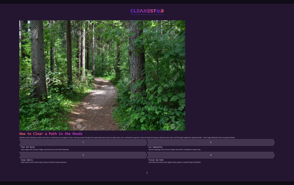 A Winding Dirt Path Through A Sun-Dappled Forest, Surrounded By Lush Green Trees And Vegetation, With &Quot;Cleanestor How To Clear A Path In The Woods&Quot; Text Overlay.