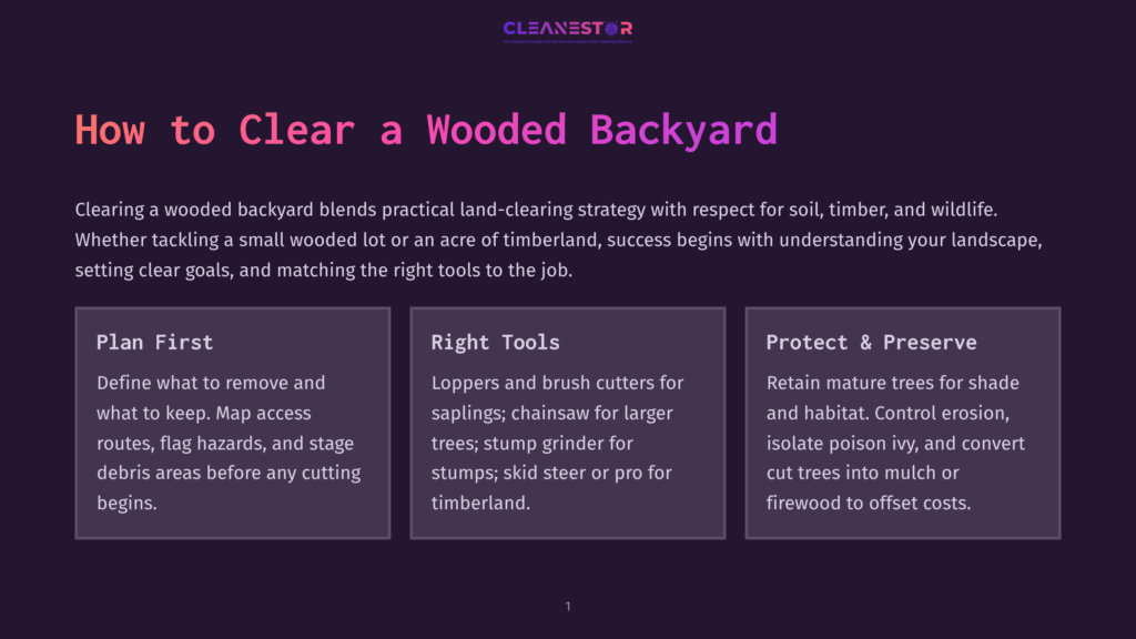 1 How To Clear A Wooded Backyard Cleanestor Logo. &Quot;How To Clear A Wooded Backyard&Quot; Title. Three Sections: Plan First, Right Tools, Protect &Amp; Preserve, With Bullet Points Under Each.
