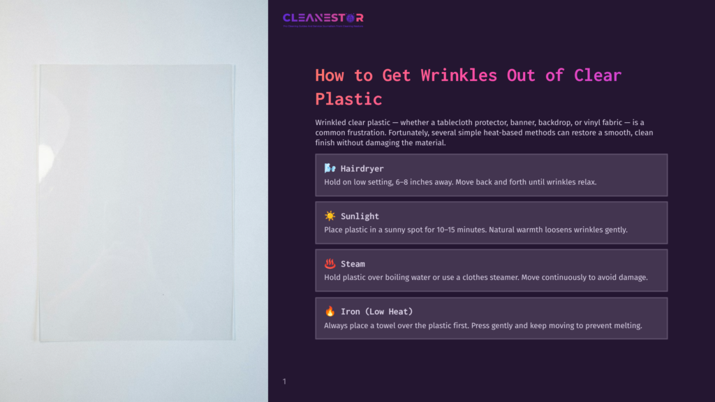 1 How To Get Wrinkles Out Of Clear Plastic A Clear Plastic Sheet With Visible Wrinkles Lies Flat On A Light Gray Surface, With A Dark Purple Overlay On The Right Side Featuring Text About How To Get Wrinkles Out Of Clear Plastic Using A Hairdryer, Sunlight, Steam, Or A Low-Heat Iron.