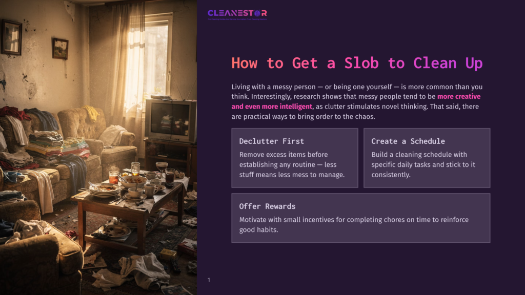 1 How To Get A Slob To Clean Up A Cluttered Living Room With Piles Of Clothes, Dishes, And Papers On Furniture And The Floor, Illustrating A Messy Home Needing Cleaning.