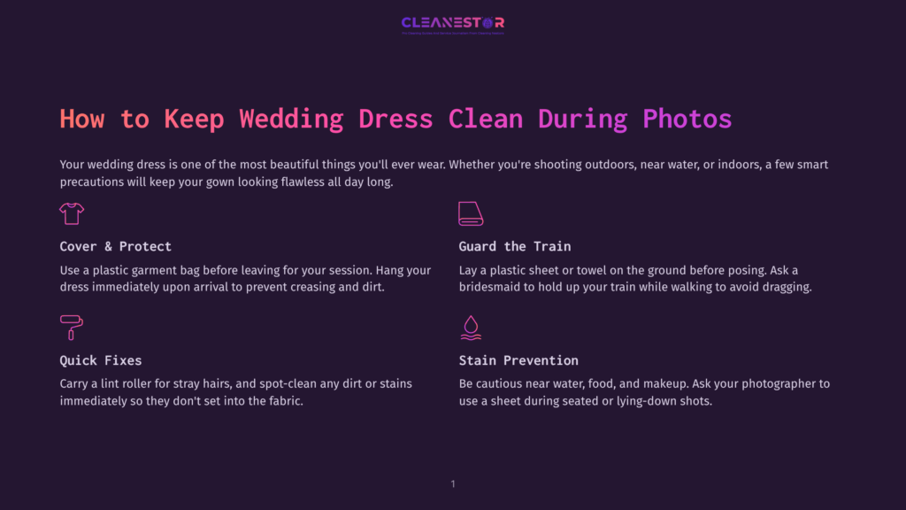 A Graphic Titled &Quot;How To Keep Wedding Dress Clean During Photos&Quot; From Cleanestor Offers Tips Like &Quot;Cover &Amp; Protect,&Quot; &Quot;Guard The Train,&Quot; &Quot;Quick Fixes,&Quot; And &Quot;Stain Prevention&Quot; With Icons.