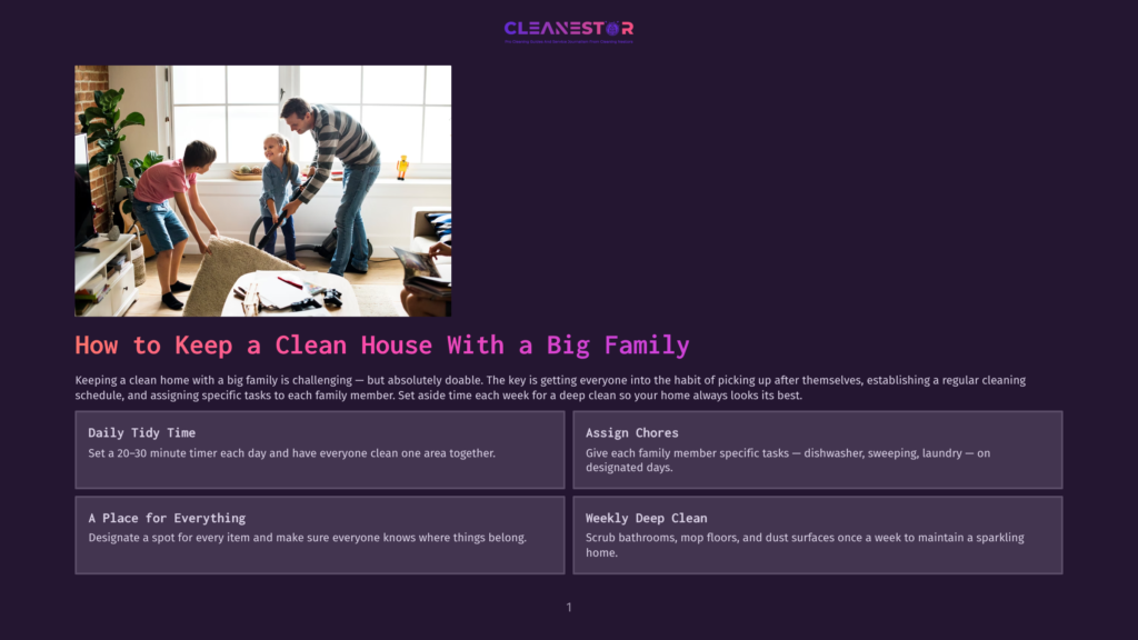 A Father And Two Children Vacuum And Tidy A Living Room, Demonstrating How To Keep A Clean House With A Big Family. The Image Shows A Bright, Sunlit Room With A Large Rug.
