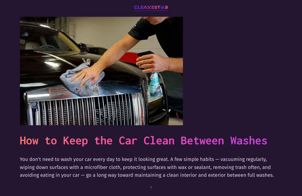 Man In Black Shirt Detailing A Black Luxury Car'S Chrome Grille With A Gray Microfiber Cloth, Holding A Spray Bottle, With &Quot;Cleanestor&Quot; Logo At The Top.