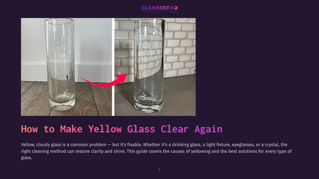 Before And After Comparison Of A Cloudy Yellow Glass Vase Restored To Clarity, With Text &Quot;How To Make Yellow Glass Clear Again&Quot;.