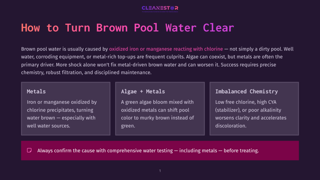 Infographic Explaining How To Turn Brown Pool Water Clear, Detailing Causes Like Metals And Imbalanced Chemistry, With The Cleanestor Logo At The Top.
