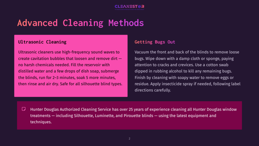 Cleanestor Logo With The Text &Quot;Advanced Cleaning Methods&Quot; And Descriptions Of Ultrasonic Cleaning And Getting Bugs Out Of Blinds.