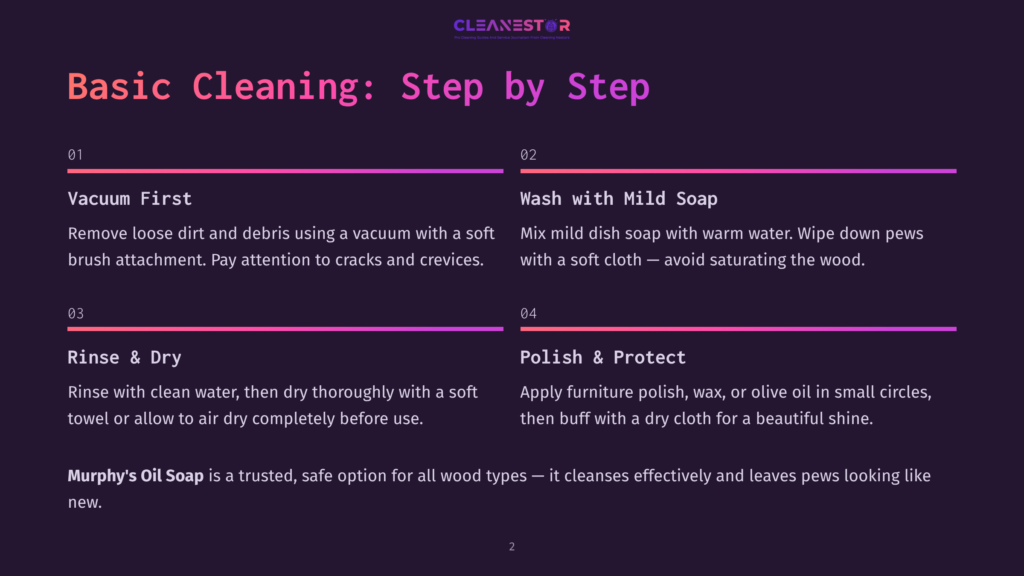 2 Basic Cleaning Step By Step Infographic Detailing Basic Wood Cleaning Steps: Vacuum First, Wash With Mild Soap, Rinse &Amp; Dry, And Polish &Amp; Protect. Includes Murphy'S Oil Soap Recommendation.