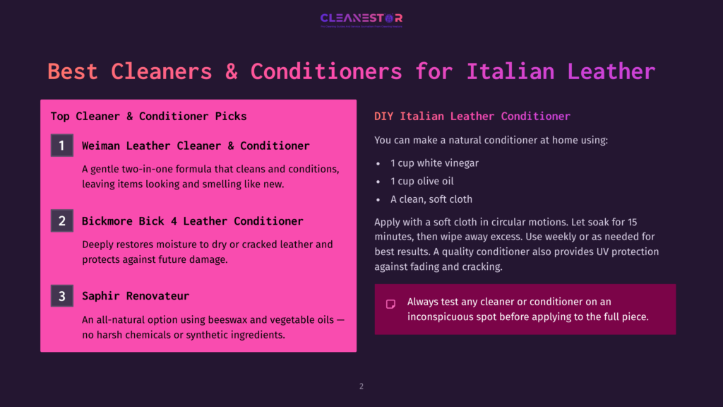 A Dark Purple Background With A Pink Overlay On The Left, Displaying A List Of Italian Leather Cleaner And Conditioner Products: &Quot;Top Cleaner &Amp; Conditioner Picks,&Quot; &Quot;Weiman Leather Cleaner &Amp; Conditioner,&Quot; &Quot;Bickmore Bick 4 Leather Conditioner,&Quot; And &Quot;Saphir Renovateur.&Quot; The Right Side Features Text Titled &Quot;Diy Italian Leather Conditioner&Quot; With Ingredients And Instructions.