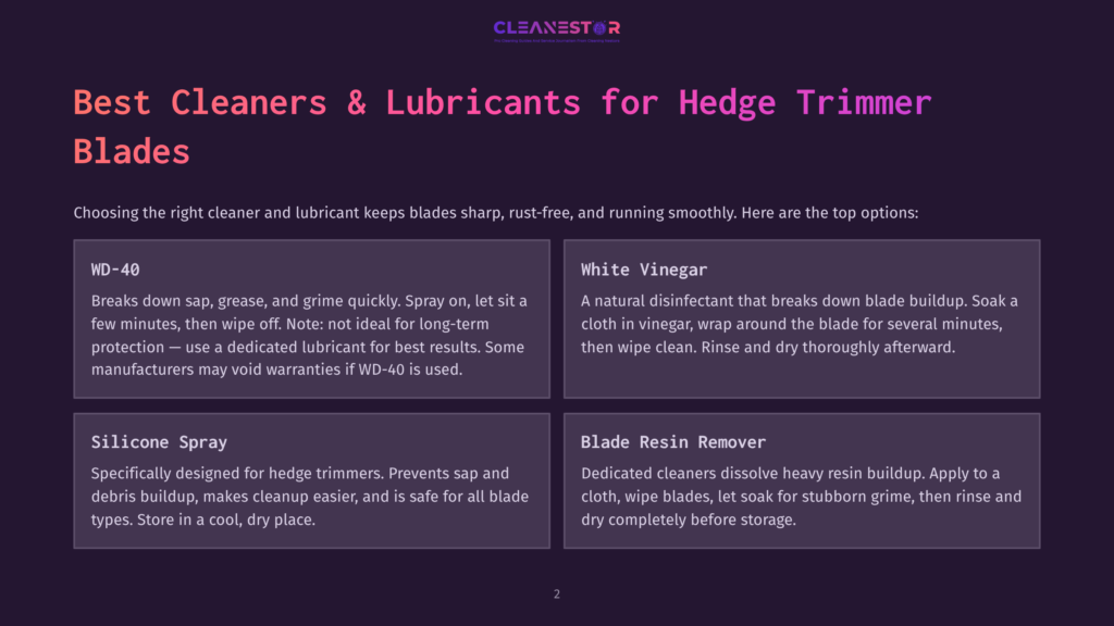 Cleanestor Logo On A Dark Purple Background, With The Title &Quot;Best Cleaners &Amp; Lubricants For Hedge Trimmer Blades&Quot; And Four Product Descriptions: Wd-40, White Vinegar, Silicone Spray, And Blade Resin Remover.
