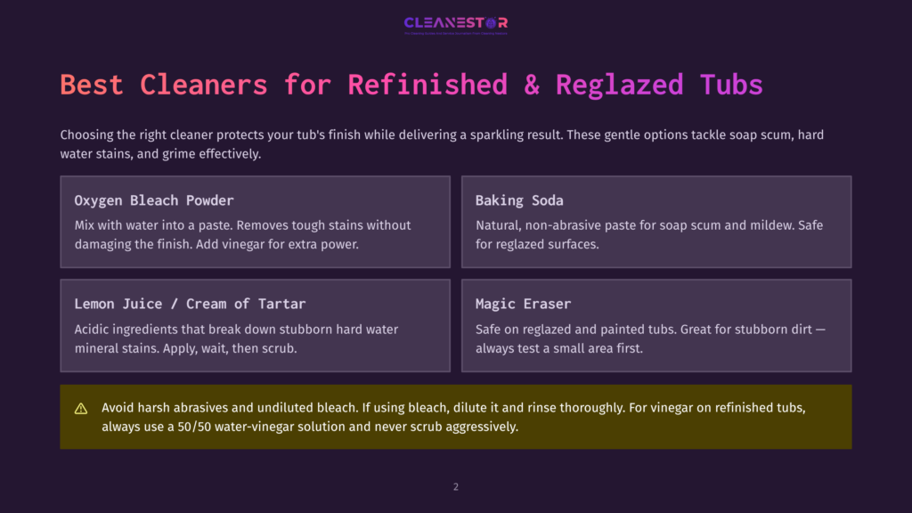 A Graphic Titled &Quot;Best Cleaners For Refinished &Amp; Reglazed Tubs&Quot; Lists Four Cleaning Solutions: Oxygen Bleach Powder, Baking Soda, Lemon Juice / Cream Of Tartar, And Magic Eraser. A Warning About Harsh Abrasives Is Also Displayed.