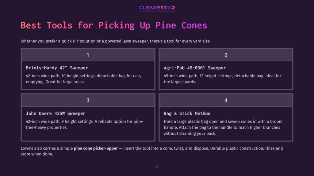 Infographic Detailing Four Methods For Picking Up Pine Cones: Brinly-Hardy 42&Quot; Sweeper, Agri-Fab 45-0301 Sweeper, John Deere 42Sw Sweeper, And A Bag &Amp; Stick Method. The Text &Quot;Best Tools For Picking Up Pine Cones&Quot; Is Prominently Displayed.