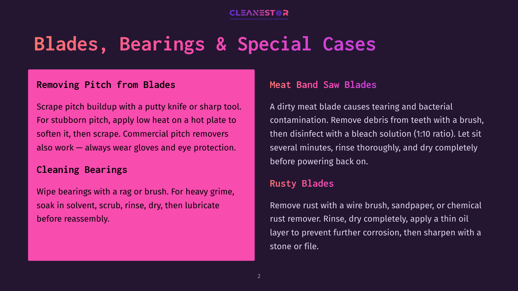 2 Blades Bearings And Special Cases A Slide From Cleanestor Detailing How To Clean Blades, Bearings, And Special Cases, Including Removing Pitch And Cleaning Rusty Blades.