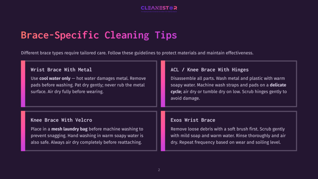 A Dark Purple Background With A Title &Quot;Brace-Specific Cleaning Tips&Quot; And Four Sections Detailing Cleaning Instructions For Wrist Braces, Knee Braces With Hinges, Knee Braces With Velcro, And Exos Wrist Braces.