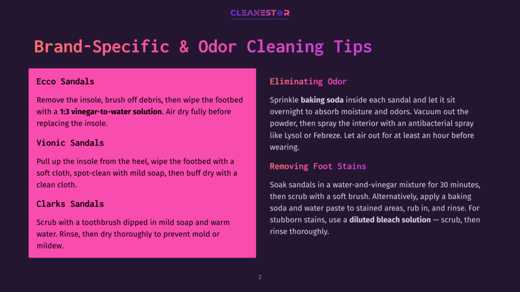 Brand-Specific &Amp; Odor Cleaning Tips: Ecco, Vionic, And Clarks Sandals Cleaning Instructions, Plus General Odor Elimination And Foot Stain Removal Advice.
