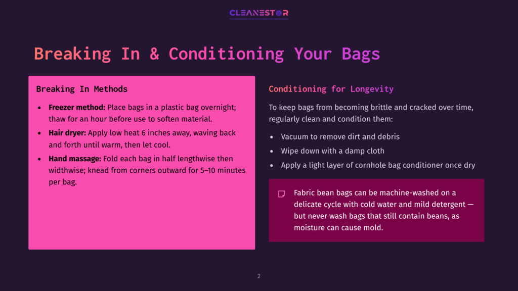 Infographic Detailing Methods For Breaking In And Conditioning Bean Bags For Longevity. Includes Freezer Method, Hair Dryer Method, Hand Massage, And Conditioning Tips Like Vacuuming And Wiping With A Damp Cloth.