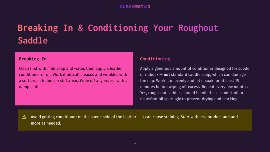 2 Breaking In And Conditioning Your Roughout Saddle Graphic With Text &Quot;Breaking In &Amp; Conditioning Your Roughout Saddle&Quot; And Instructions For Saddle Care, Including &Quot;Breaking In&Quot; And &Quot;Conditioning&Quot; Sections.