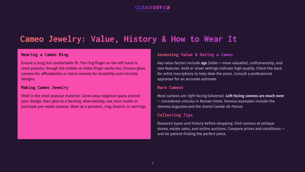 A Pink And Purple Graphic With The Text &Quot;Cleanestor&Quot; At The Top, And &Quot;Cameo Jewelry: Value, History &Amp; How To Wear It&Quot; In Large Purple Font. The Graphic Details How To Wear Cameo Rings And Make Cameo Jewelry.