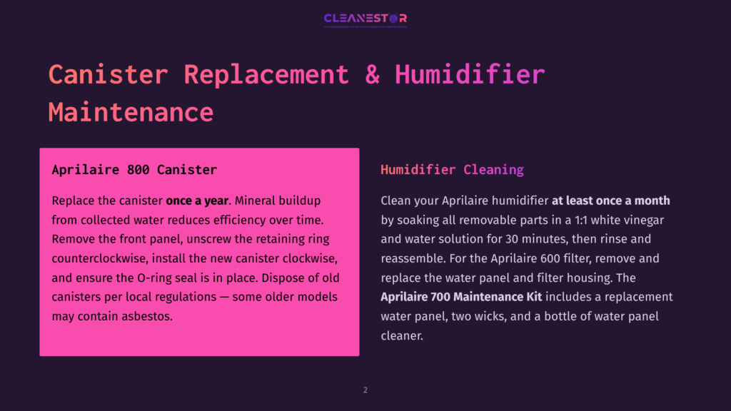 Dark Background With Purple Text. Top Reads &Quot;Cleanestor&Quot;. Left Side: &Quot;Canister Replacement &Amp; Humidifier Maintenance&Quot; In Large White Text. Underneath, A Pink Box Reads &Quot;Aprilaire 800 Canister&Quot; And Provides Maintenance Instructions. Right Side: &Quot;Humidifier Cleaning&Quot; In White Text, Followed By Instructions For Cleaning Aprilaire Humidifiers.